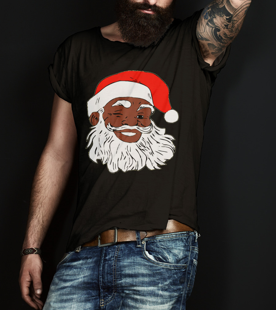 Black Santa Claus Winking In Red Hat T-Shirt