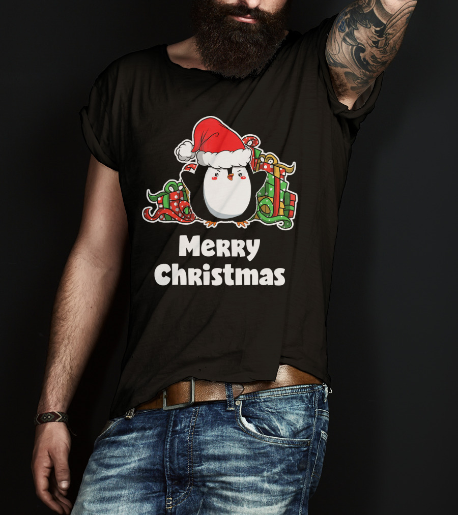 Merry Christmas Penguin Santa Hat Gift Wrapping T-Shirt