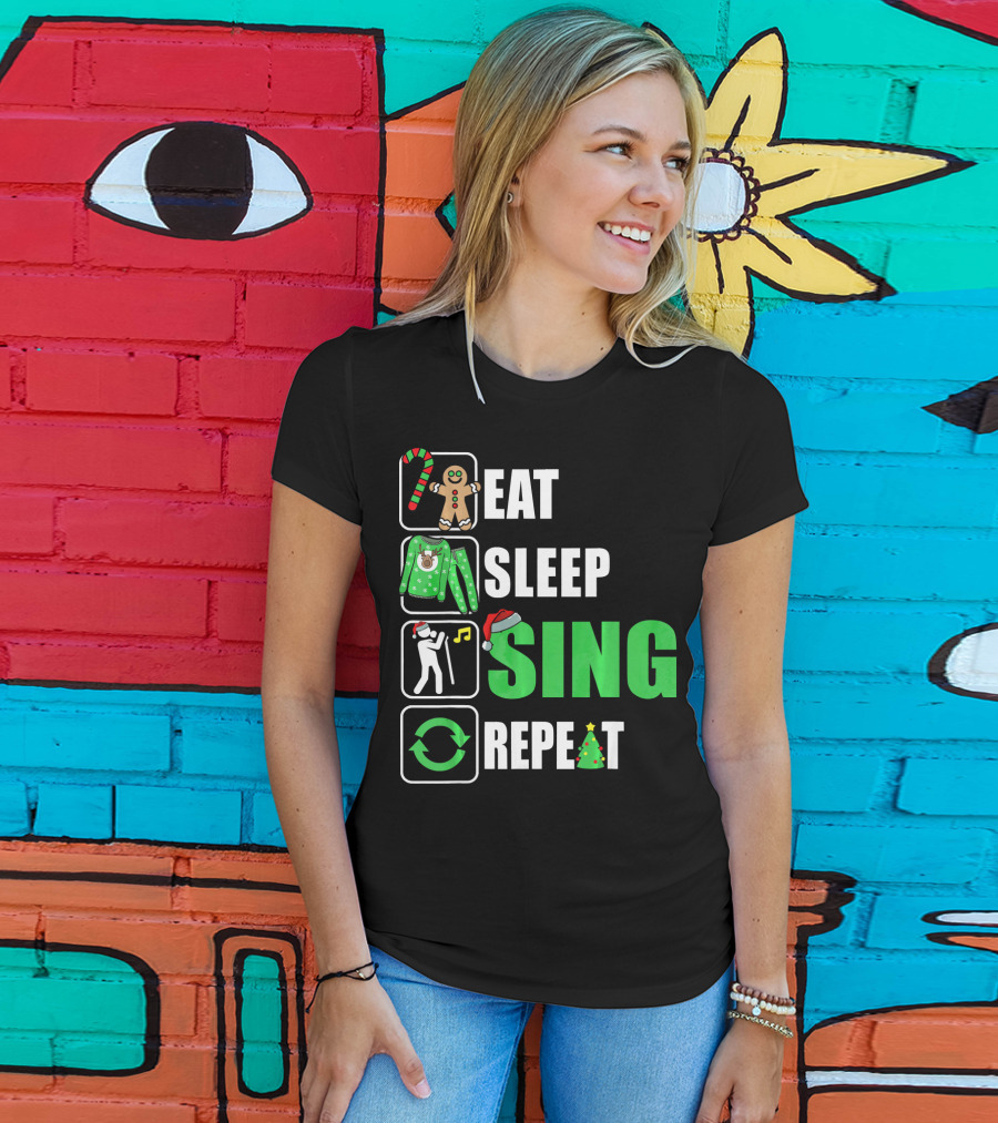 Eat Sleep Sing Repeat Christmas Sweater Singer Candy Cane Gingerbread Music Tree T-Shirt