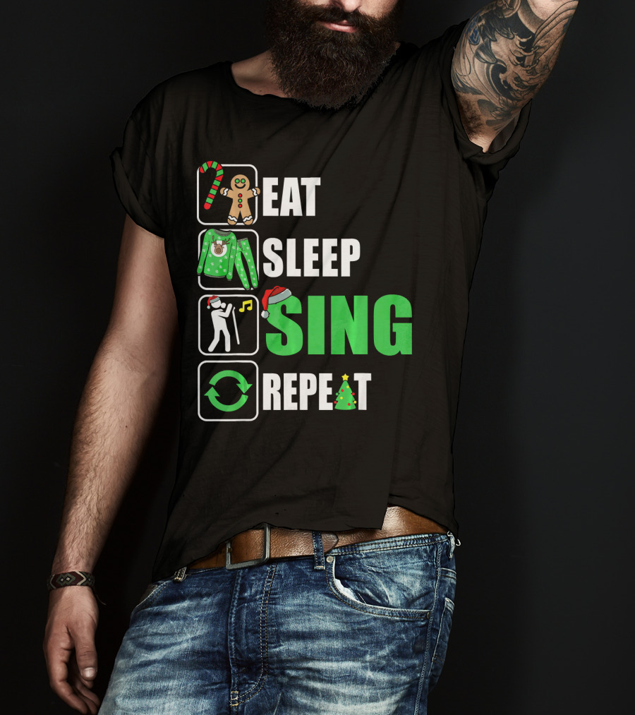 Eat Sleep Sing Repeat Christmas Sweater Singer Candy Cane Gingerbread Music Tree T-Shirt
