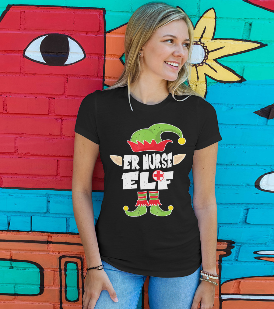 ER Nurse Elf Emergency Squad Christmas Hat And Shoes T-Shirt