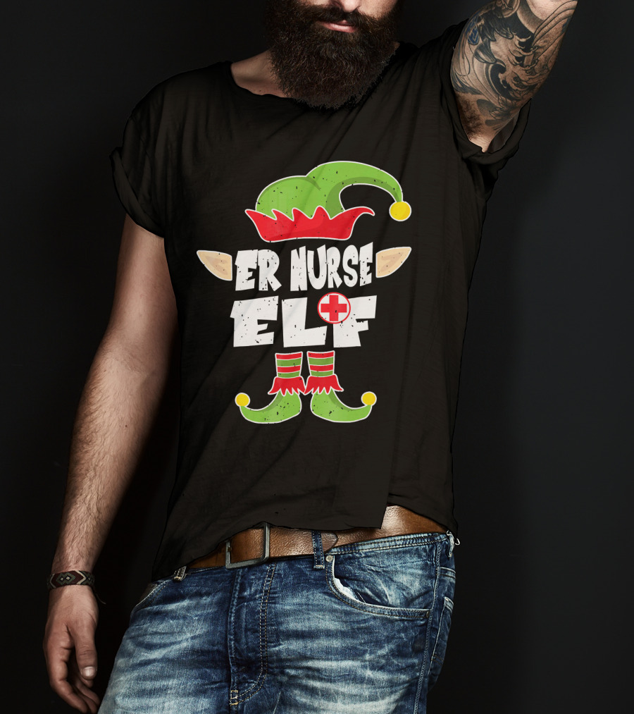 ER Nurse Elf Emergency Squad Christmas Hat And Shoes T-Shirt