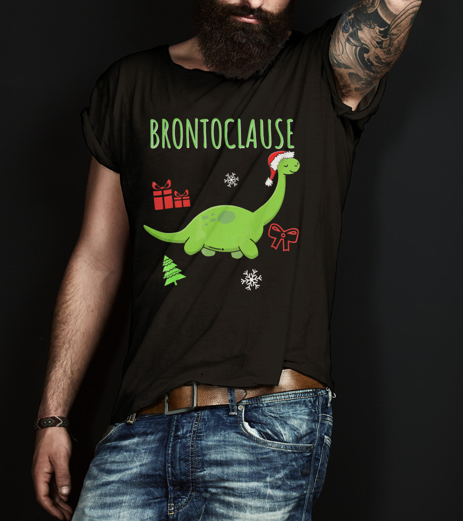 Brontoclause Christmas Dinosaur With Santa Hat And Holiday Gifts T-Shirt