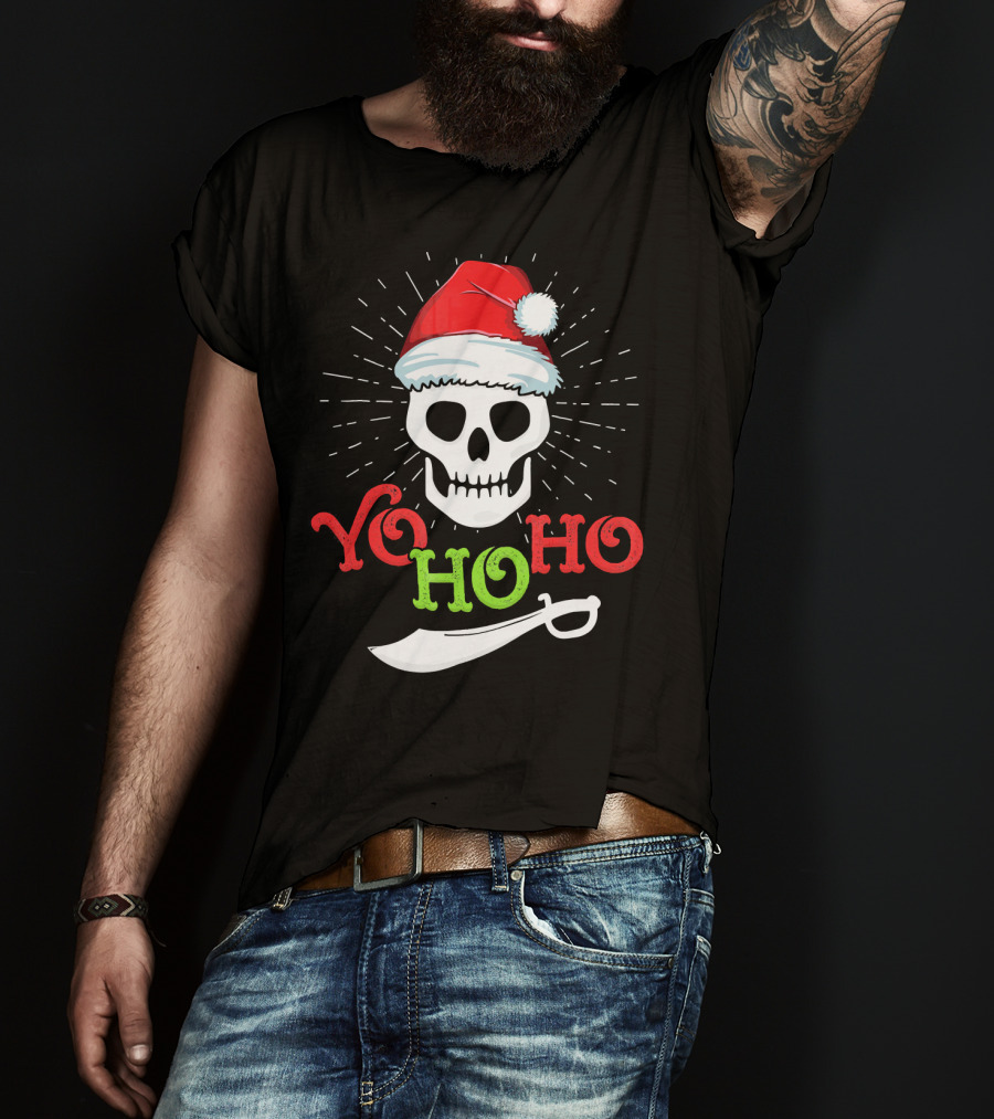 Yo Ho Ho Skull Santa Hat Pirate Sword T-Shirt
