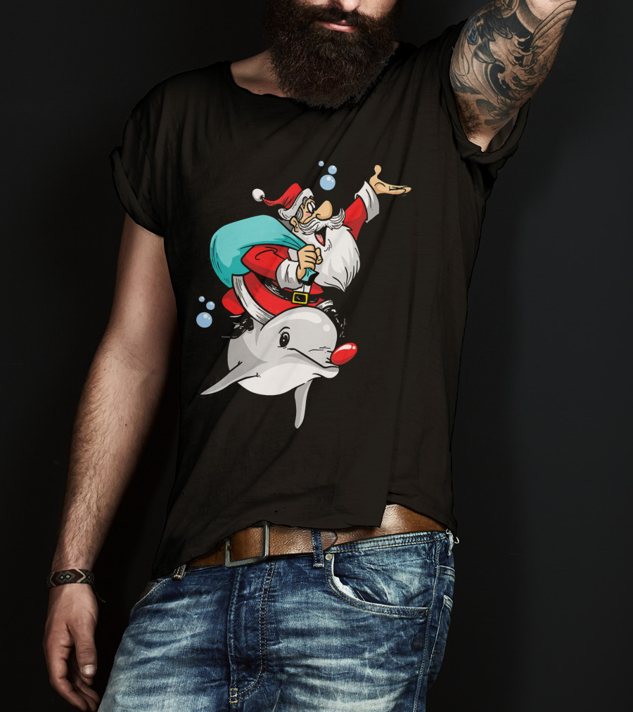 Christmas In July Santa Riding A Rudolph-Nosed Dolphin T-Shirt