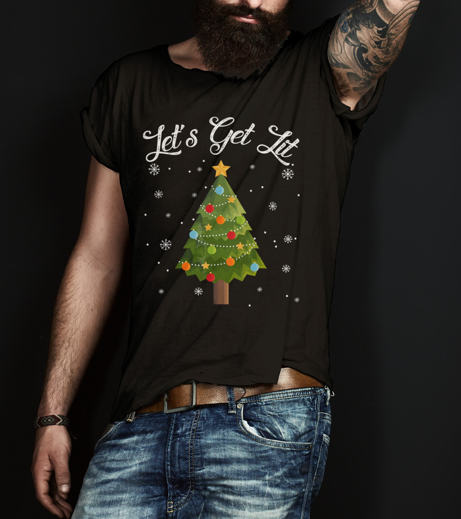 Let's Get Lit Christmas Tree Funny Drink Snowflakes T-Shirt