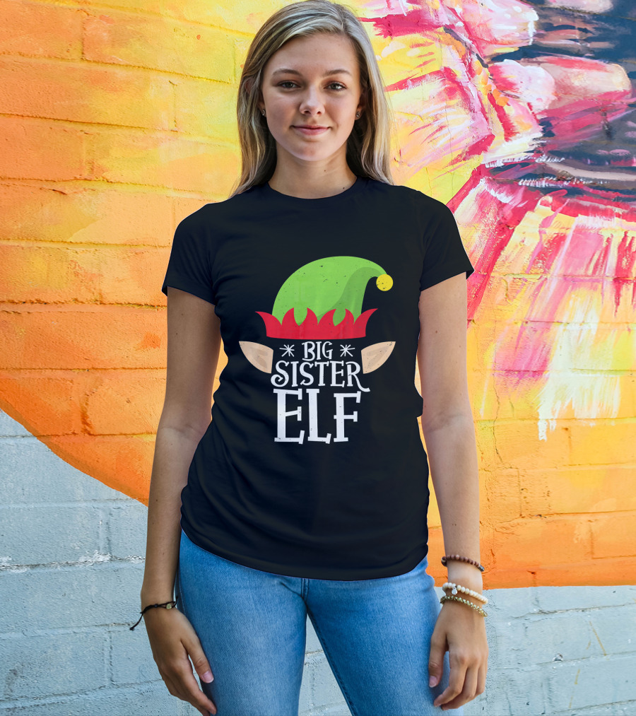 Big Sister Elf Green Hat And Red Trim With Ears T-Shirt