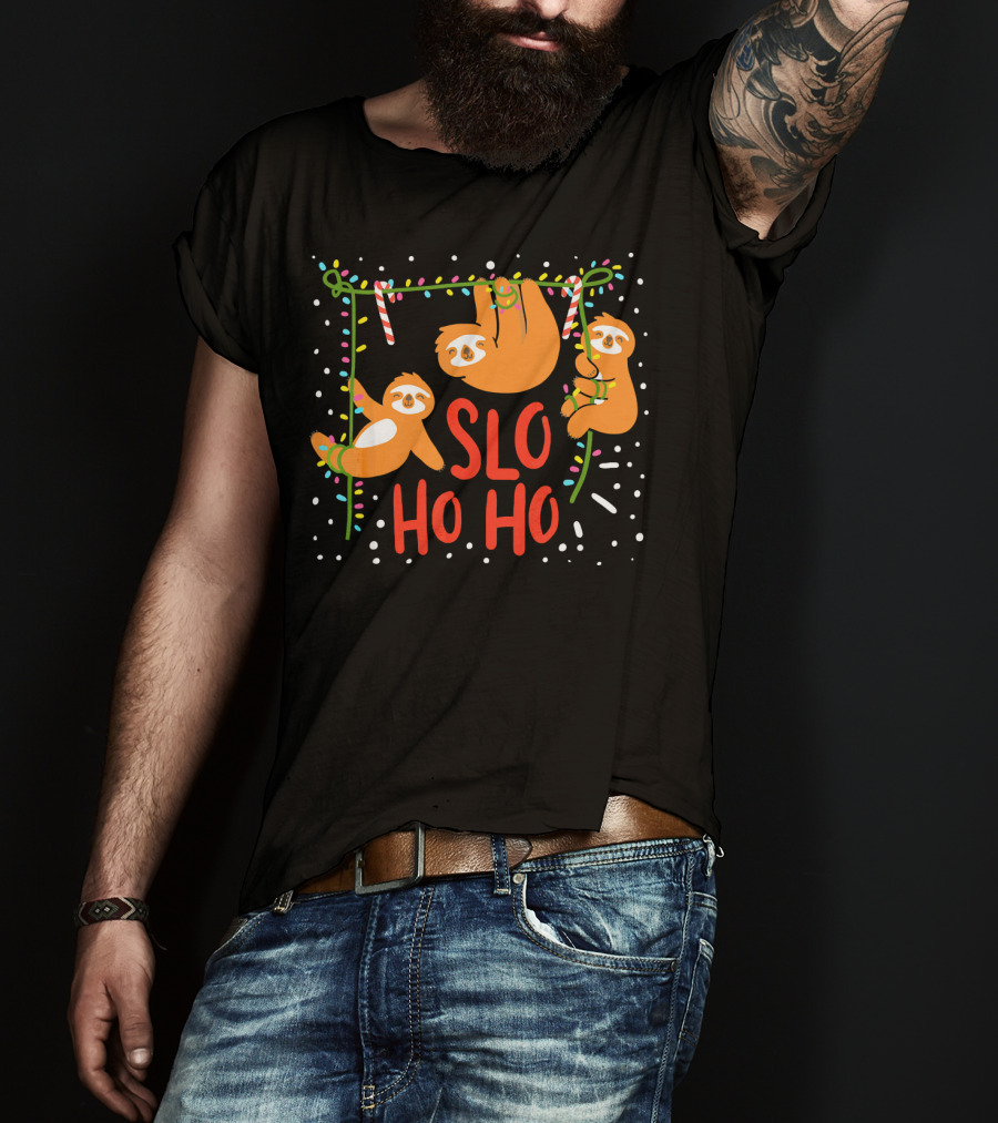Slo Ho Ho Ho Christmas Sloth Hanging With Candy Cane And Lights T-Shirt
