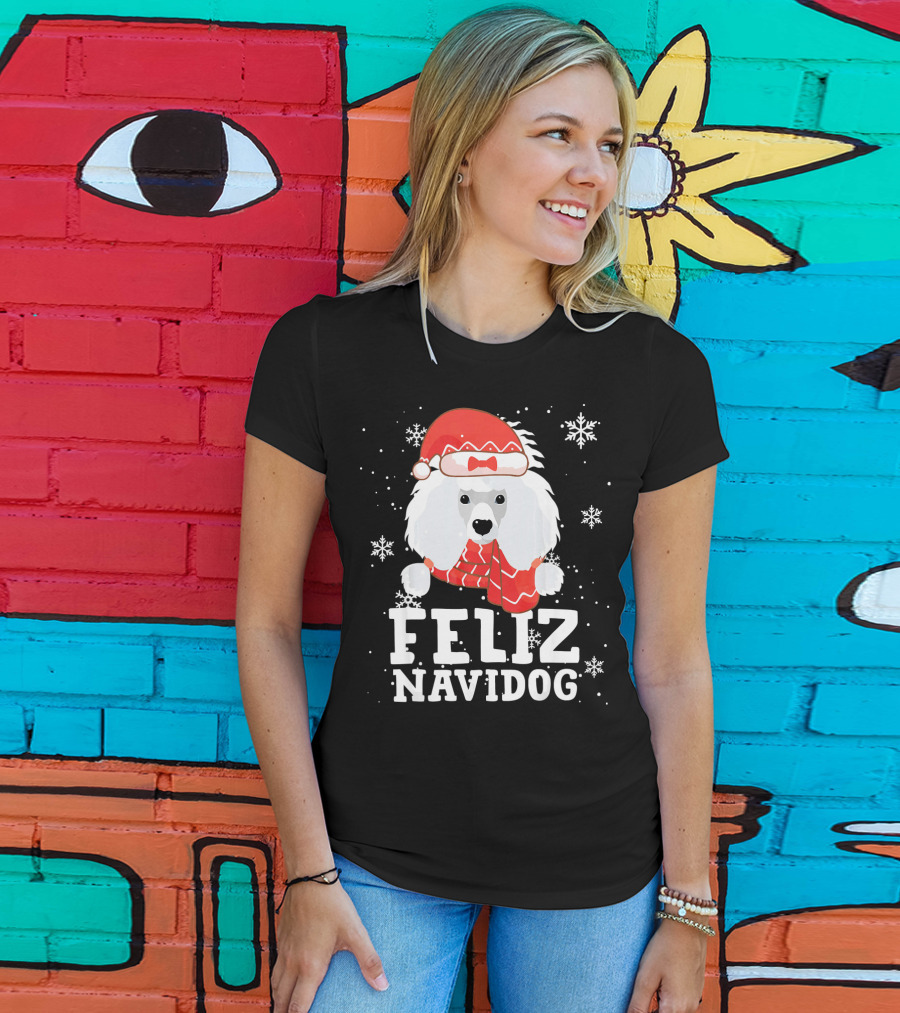 Feliz Navidog Poodle Dog Snowflakes Santa Hat Red Scarf T-Shirt