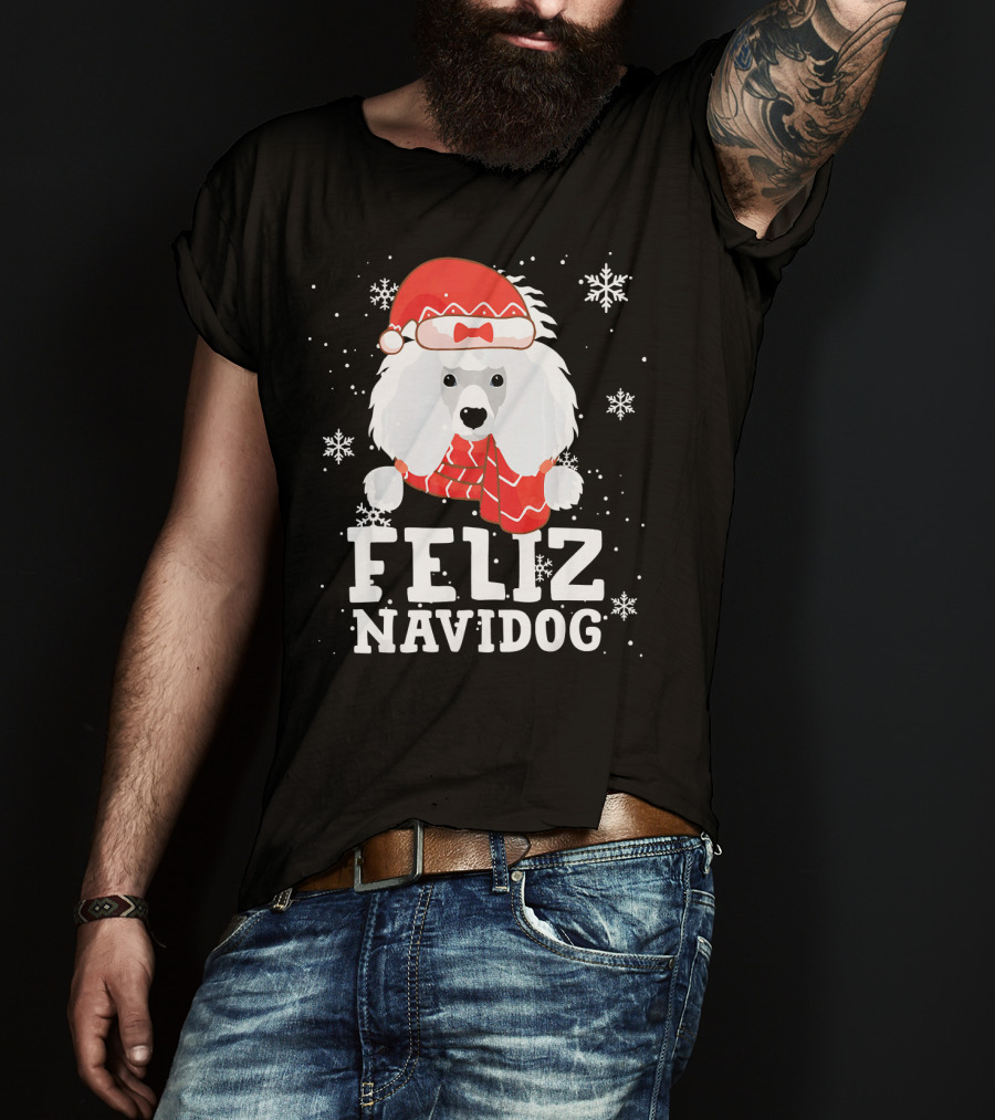 Feliz Navidog Poodle Dog Snowflakes Santa Hat Red Scarf T-Shirt