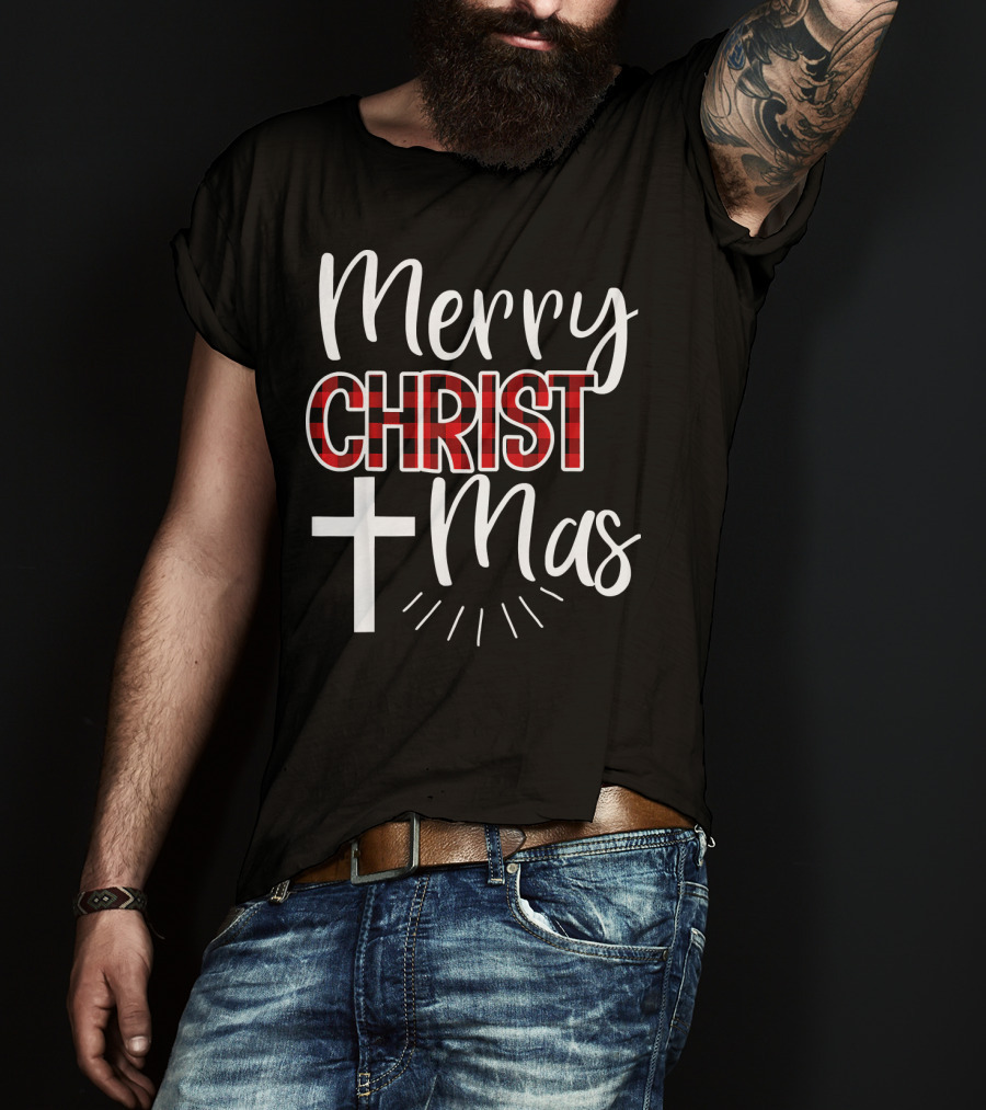 Merry CHRISTmas Cross Buffalo Plaid Christian T-Shirt