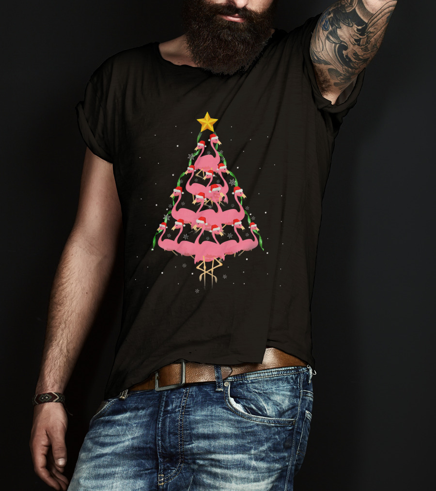 Funny Pink Flamingo Christmas Tree With Santa Hats And Star Topper T-Shirt