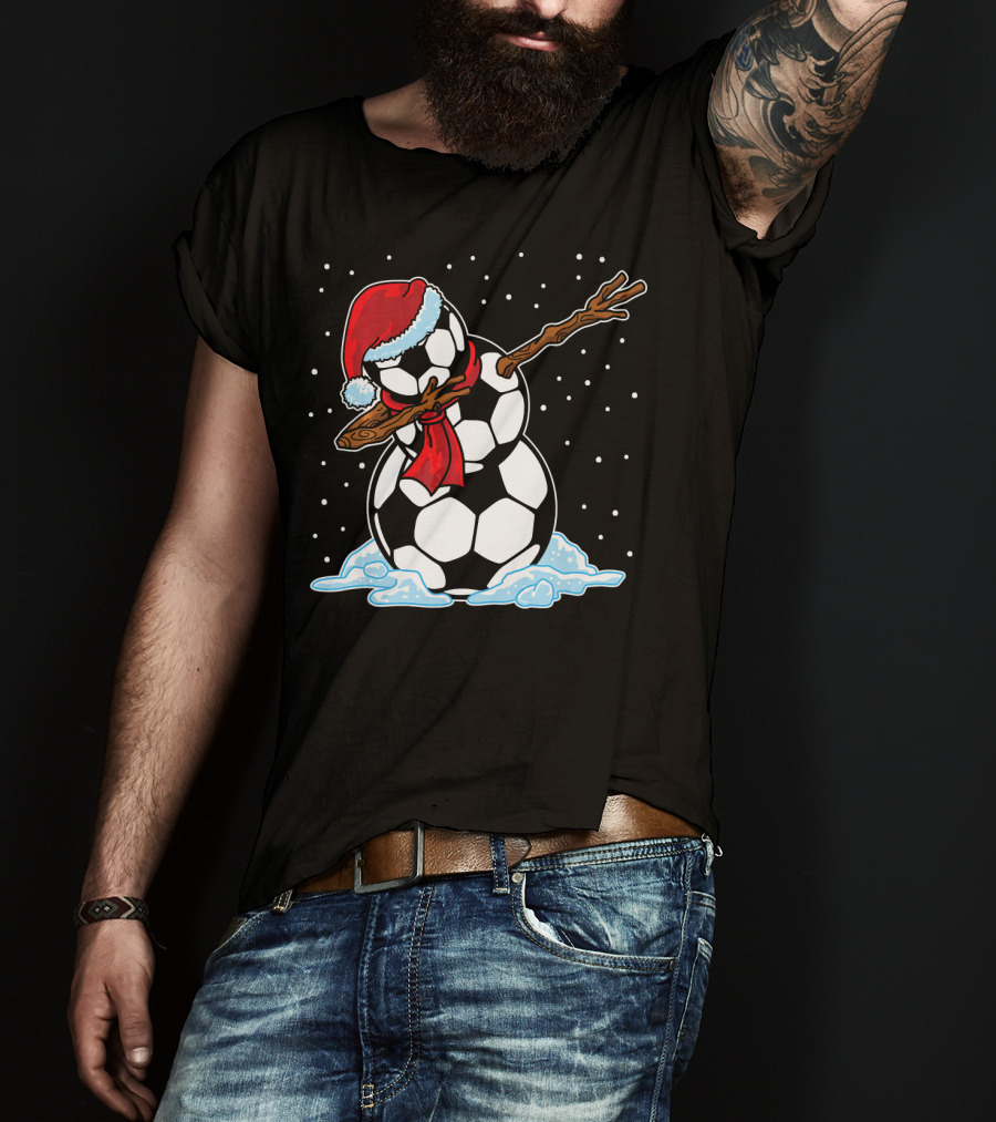 Santa Hat Soccer Ball Snowman With Red Scarf Dabbing In Snowflakes T-Shirt