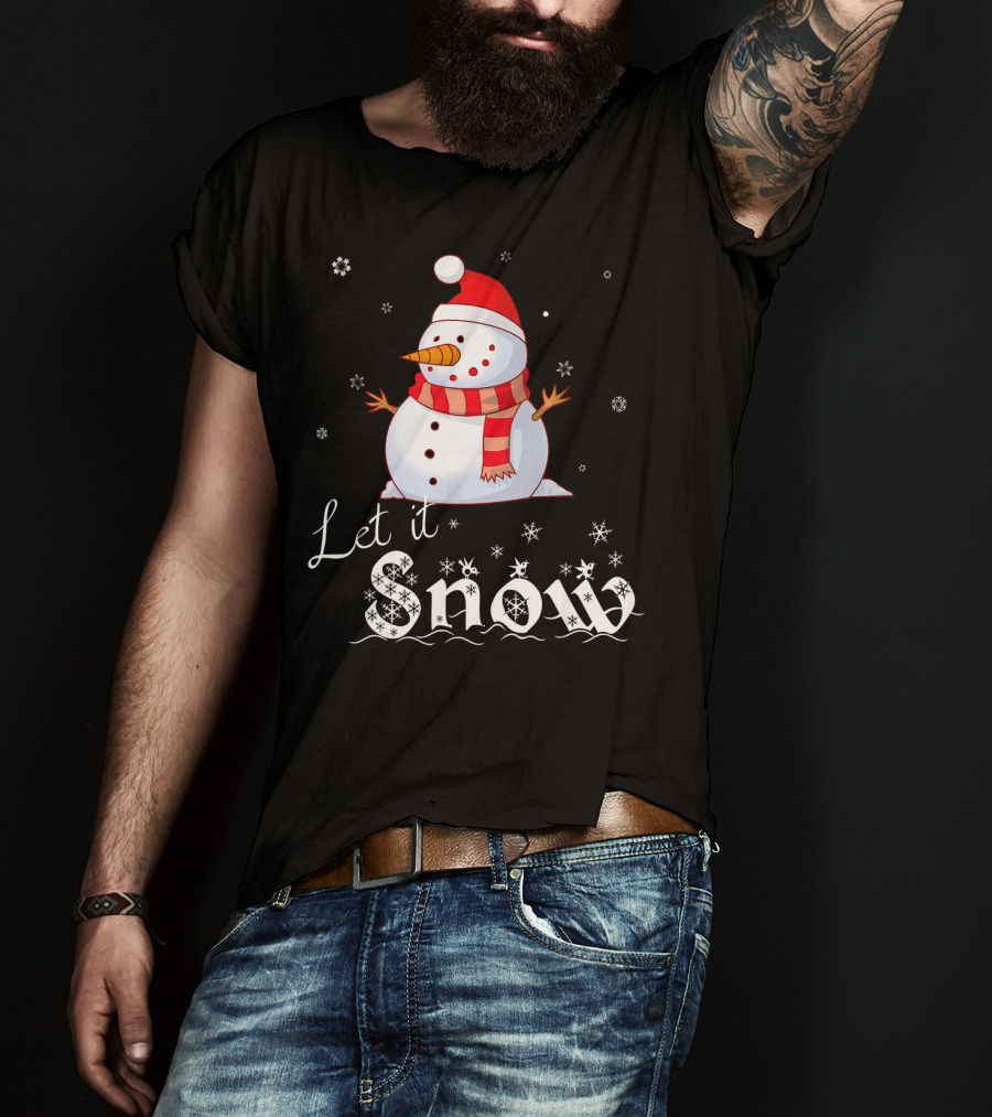 Let It Snow Cute Snowman In Santa Hat And Scarf With Snowflakes T-Shirt