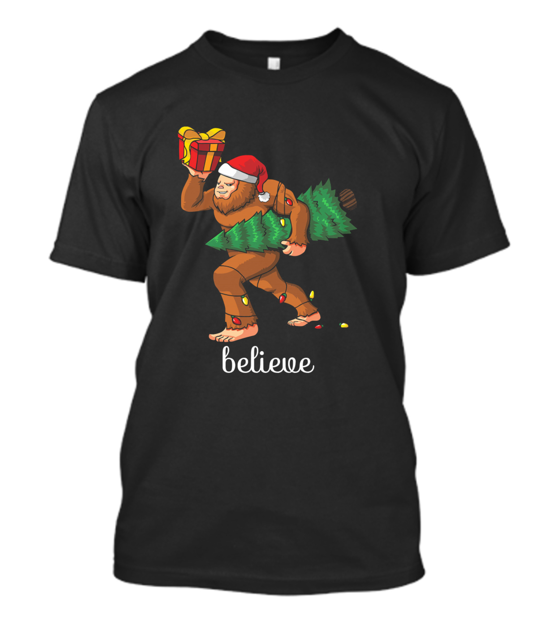 Believe Bigfoot Christmas Tree Sasquatch Santa Hat Gift T-Shirt