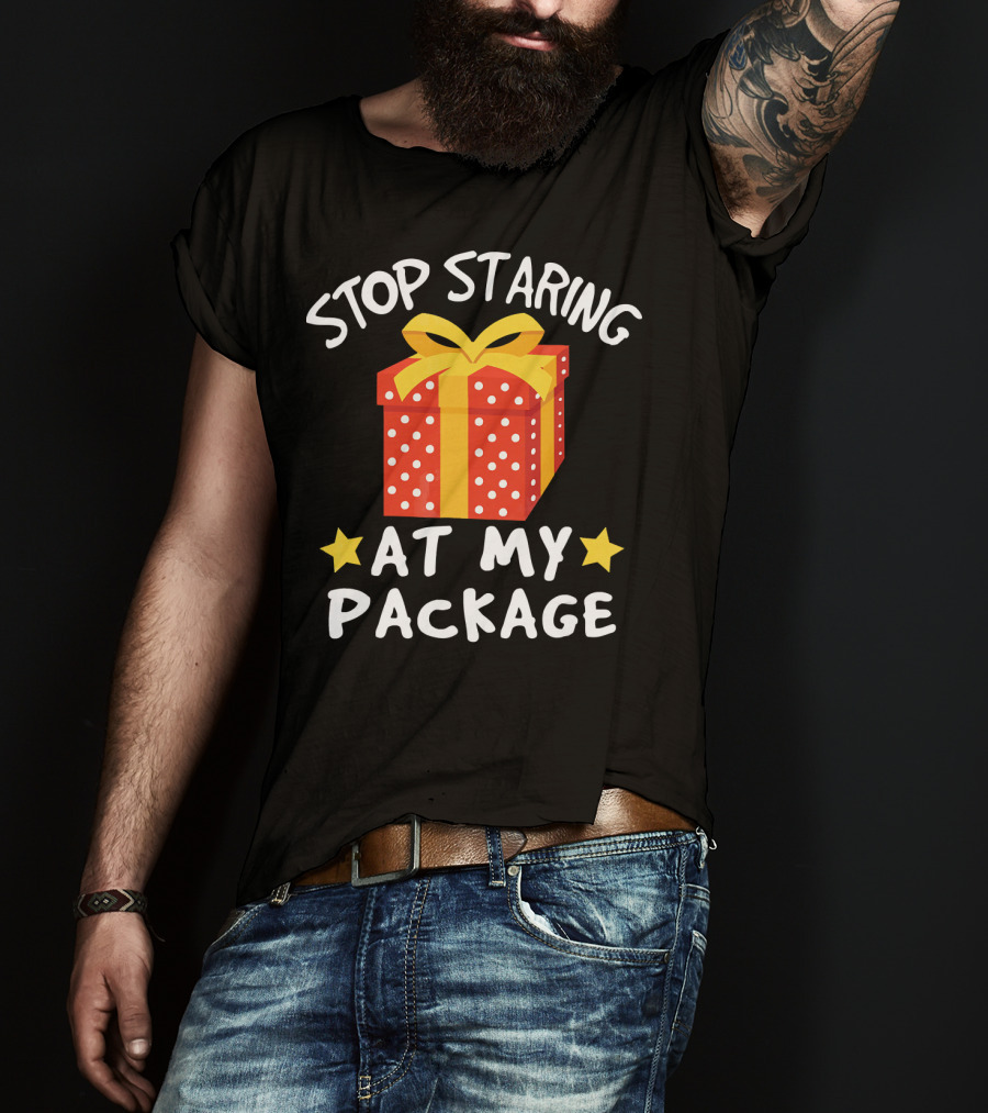 Stop Staring At My Package Funny Christmas Adult Humor Pun T-Shirt