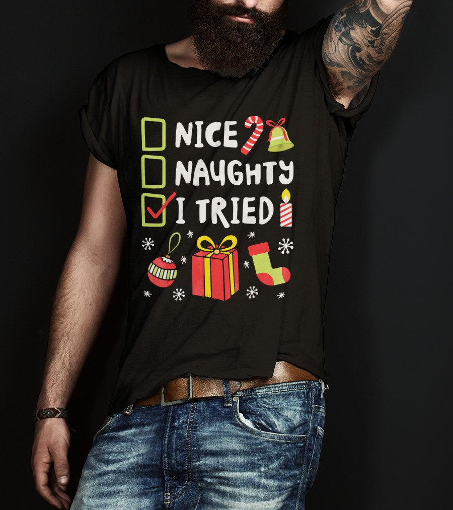 Nice Naughty I Tried Christmas Checklist Candle Gift Stocking T-Shirt