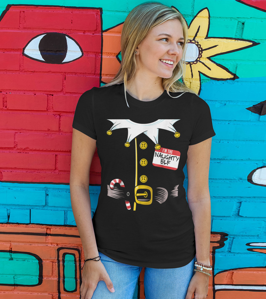 I'm The Naughty Elf With Candy Cane And Bell Collar T-Shirt