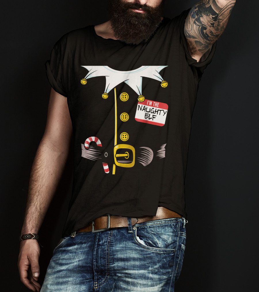 I'm The Naughty Elf With Candy Cane And Bell Collar T-Shirt