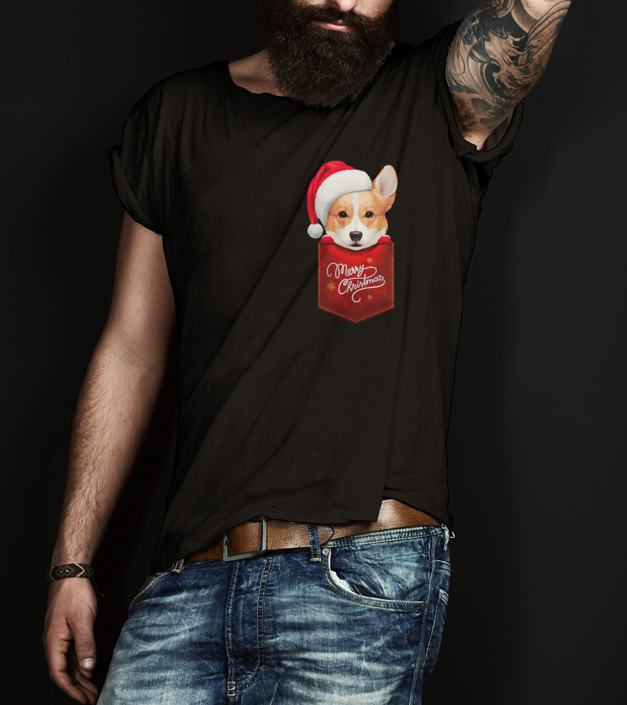 Merry Christmas Welsh Corgi In Santa Hat Pocket T-Shirt