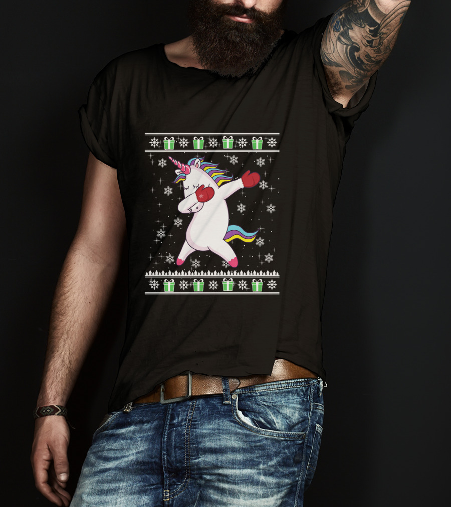 Dabbing Christmas Unicorn With Boxing Gloves Snowflakes And Gifts T-Shirt