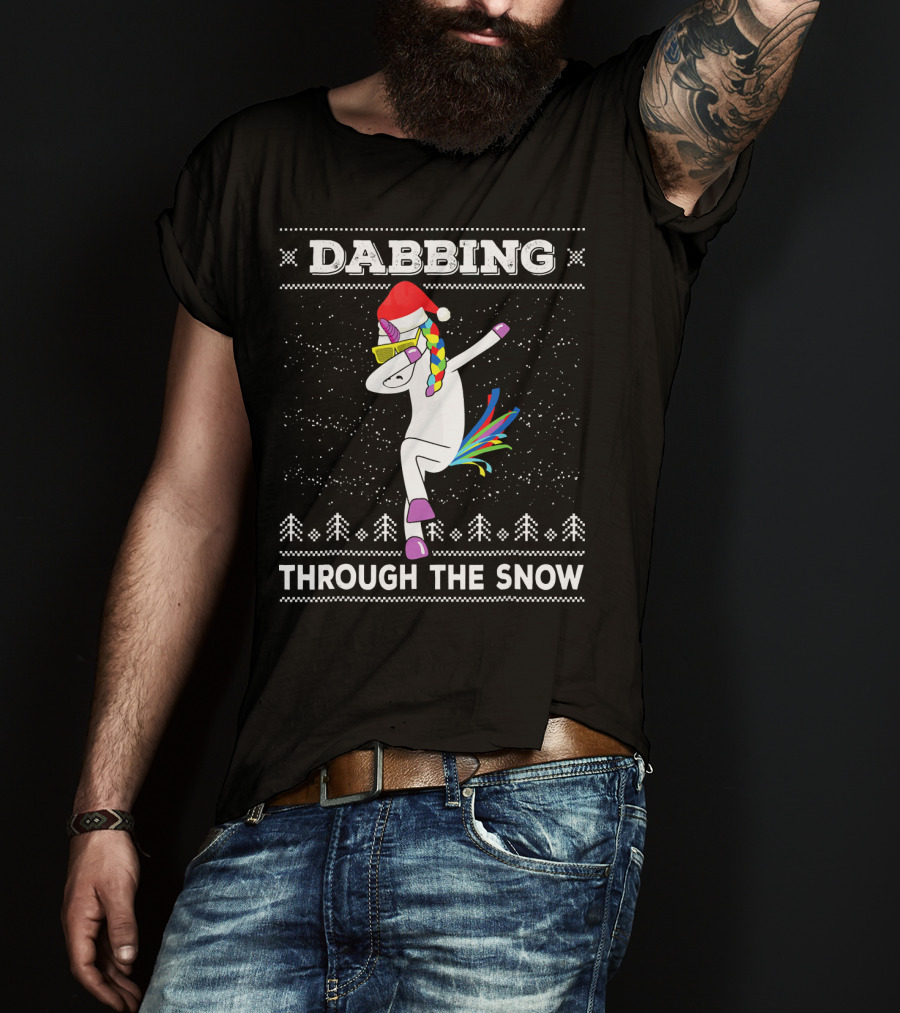 Dabbing Unicorn Through The Snow Santa Hat Christmas T-Shirt
