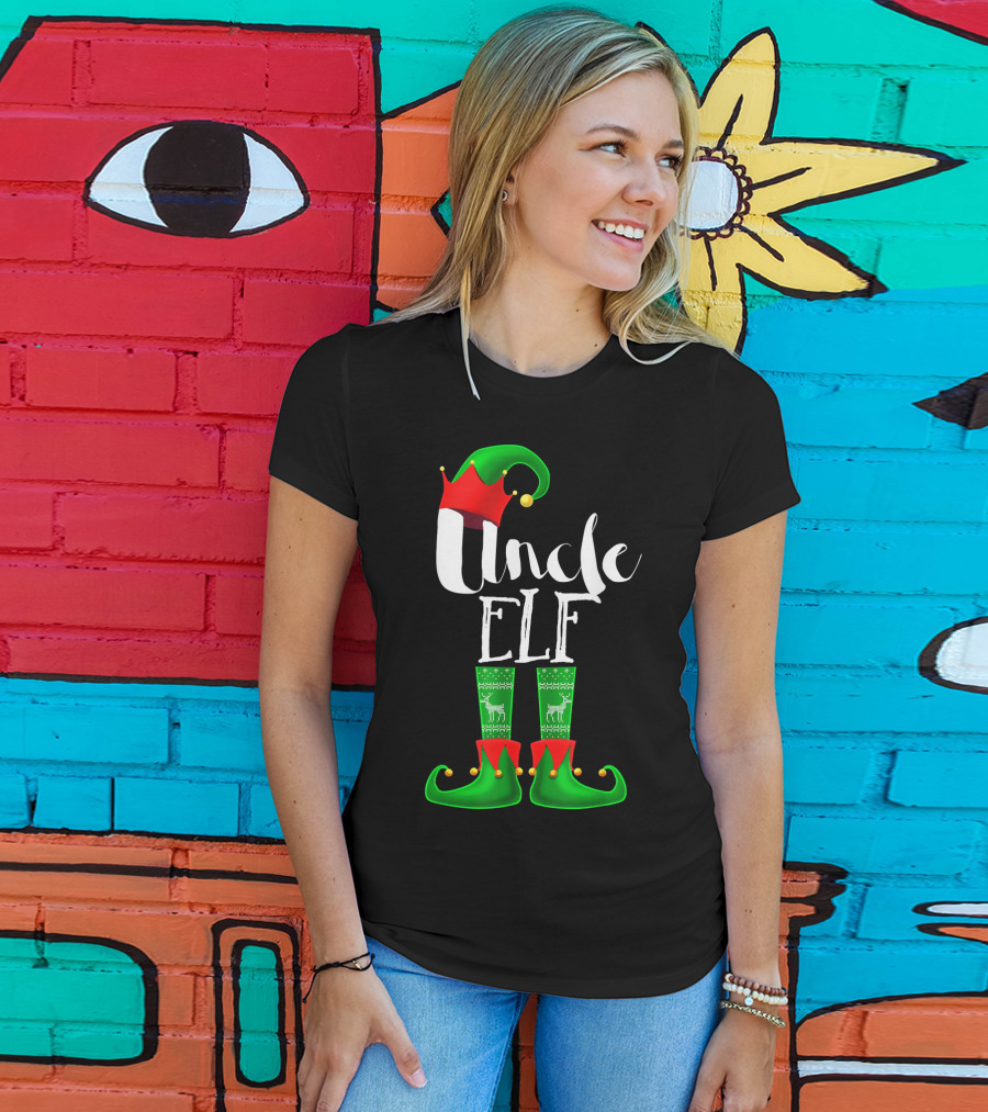 Uncle Elf Christmas Outfit With Santa Hat And Festive Green Boots T-Shirt