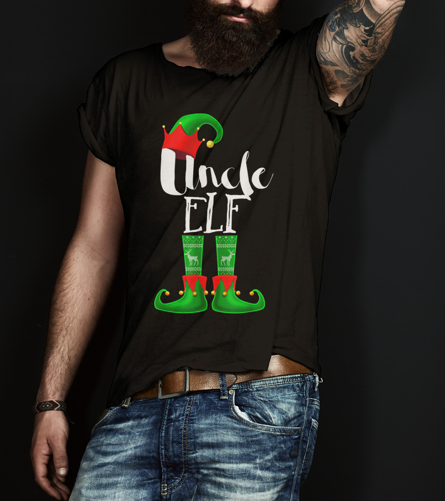 Uncle Elf Christmas Outfit With Santa Hat And Festive Green Boots T-Shirt