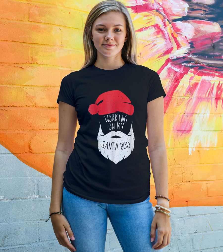 Mens Working On My Santa Bod Beard Santa Hat T-Shirt