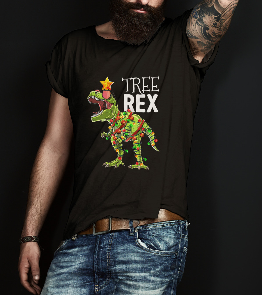Tree Rex Dinosaur With Christmas Lights And Star T-Shirt