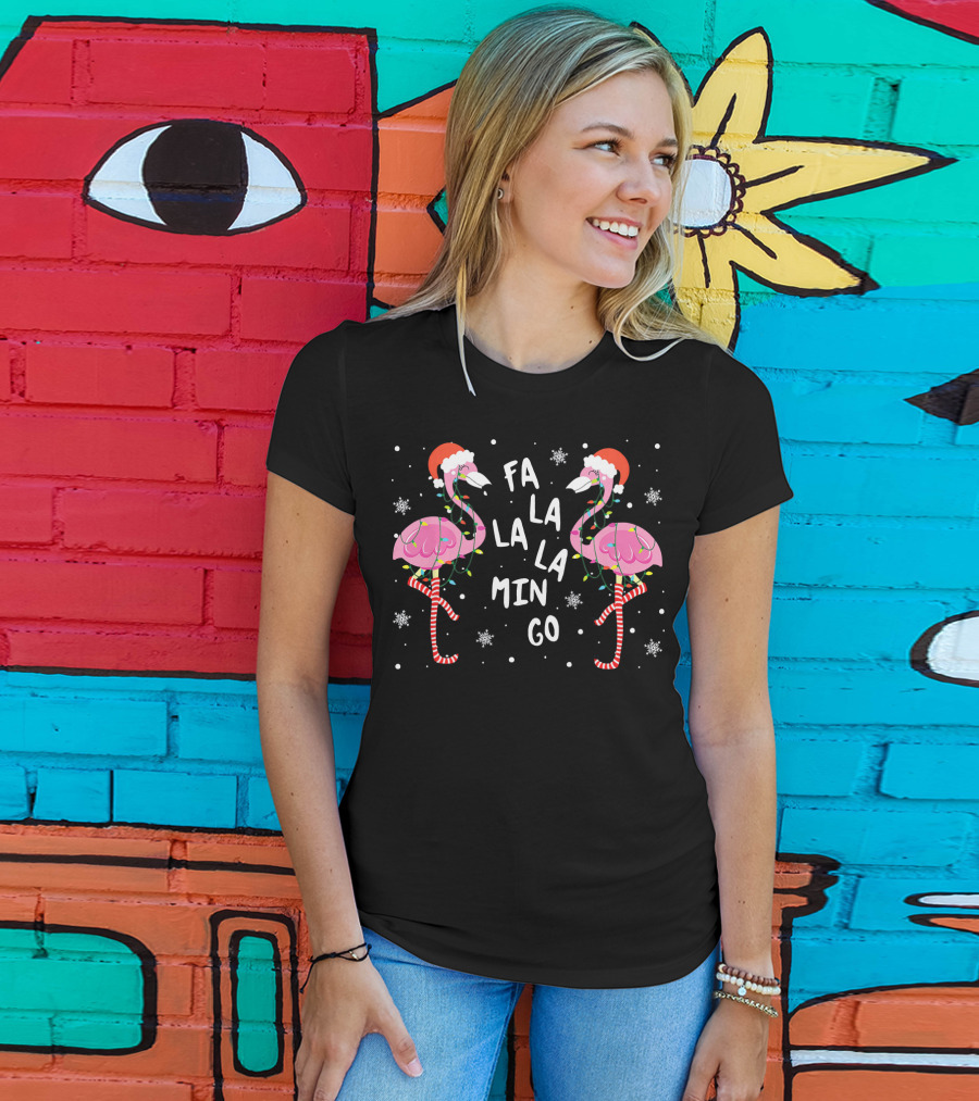 Christmas Santa Hat Flamingos Fa La La La Mingo T-Shirt