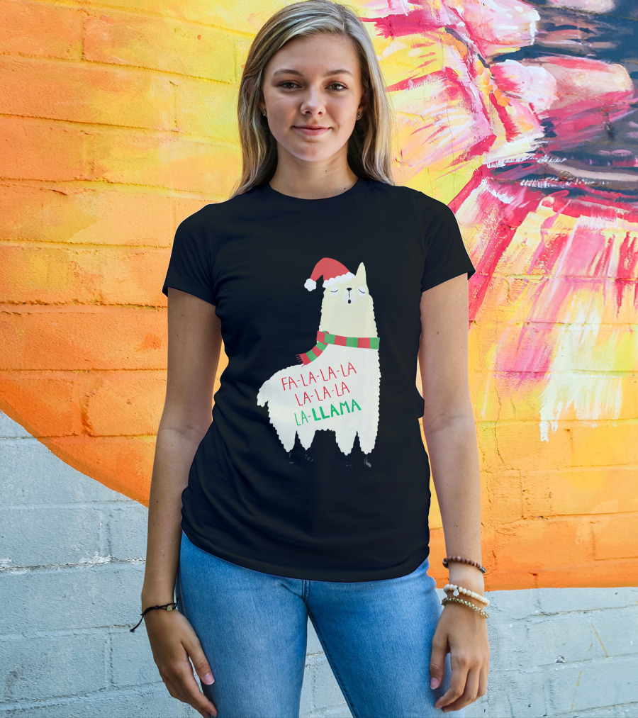 Fa La La La Llama Holiday Llama In Santa Hat And Scarf T-Shirt