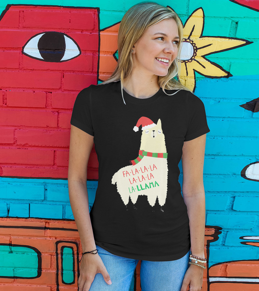 Fa La La La Llama Holiday Llama In Santa Hat And Scarf T-Shirt