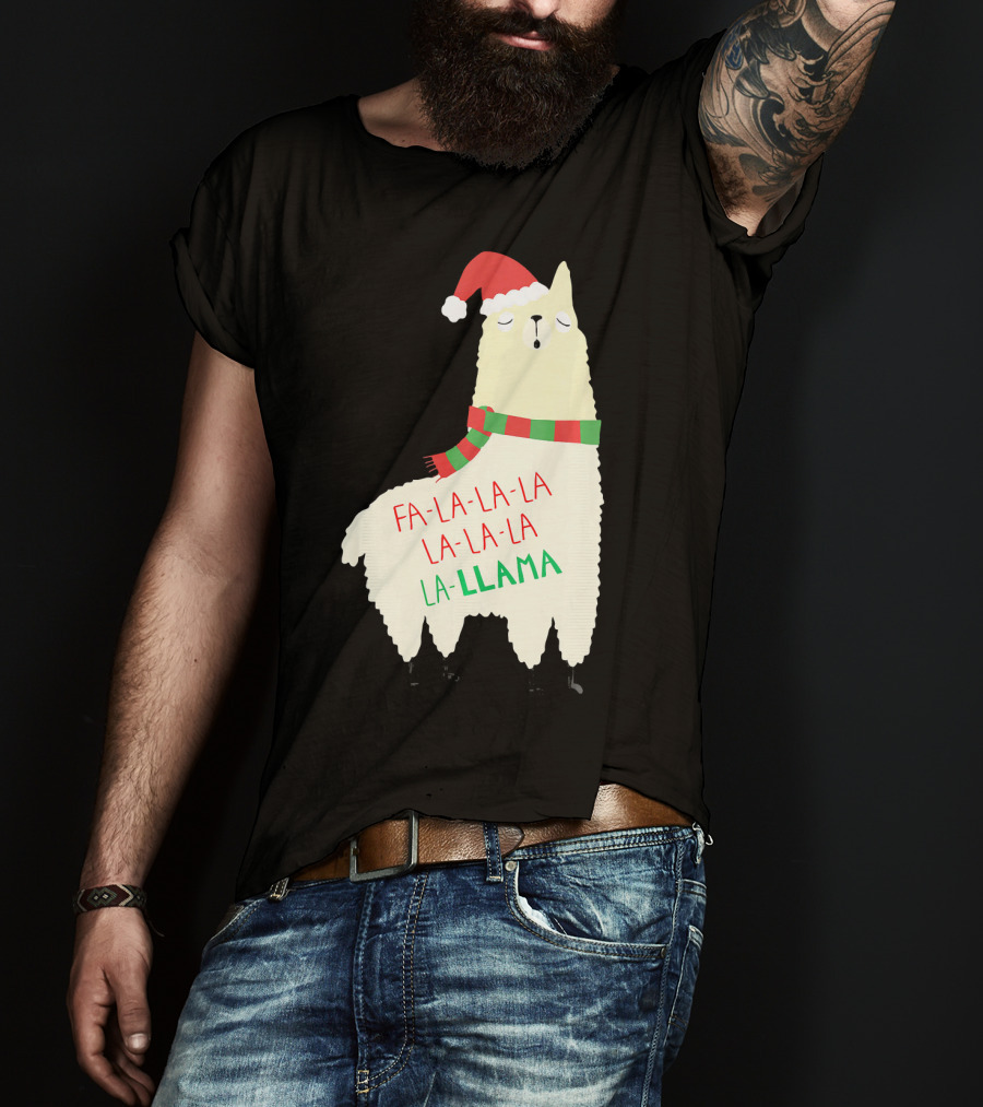 Fa La La La Llama Holiday Llama In Santa Hat And Scarf T-Shirt