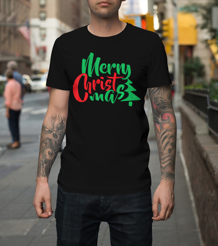 Merry Christmas Tree Design In Festive Red And Green T-Shirt