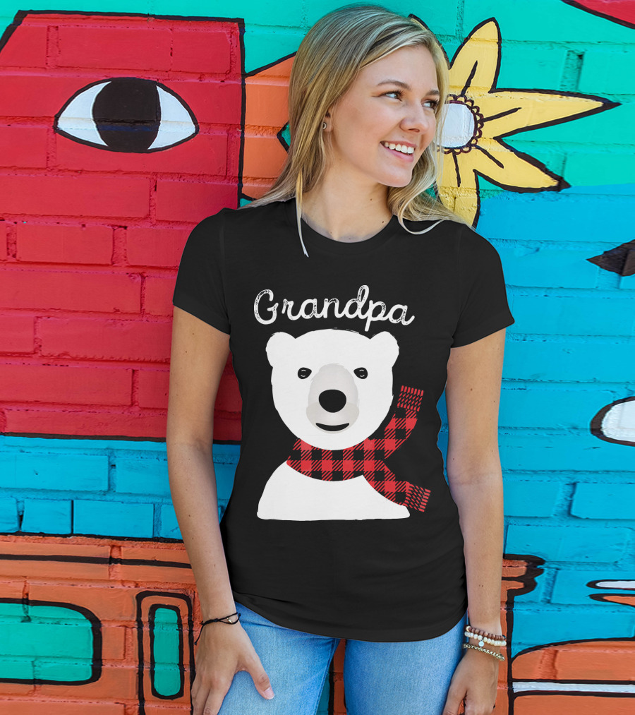 Grandpa Christmas Bear With Red Plaid Scarf Family Matching T-Shirt