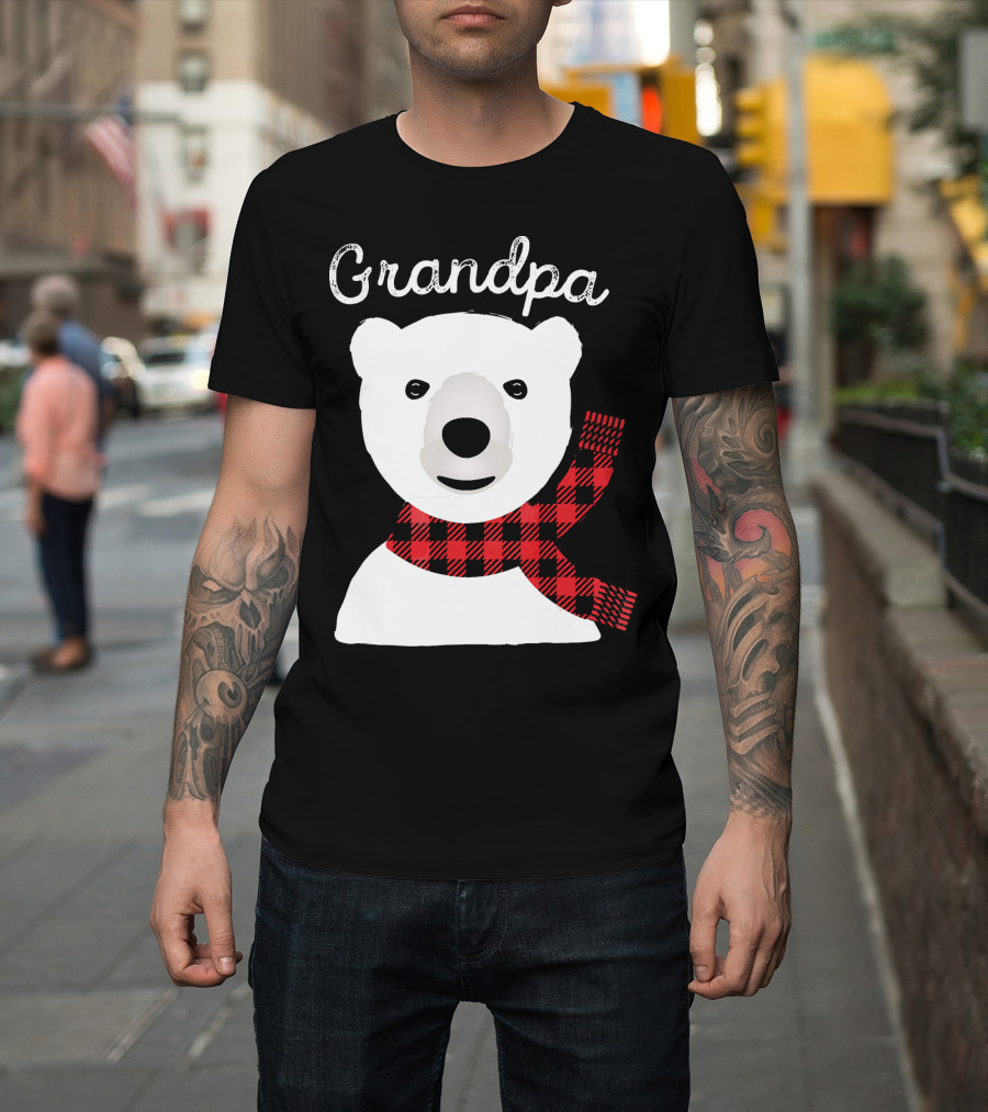Grandpa Christmas Bear With Red Plaid Scarf Family Matching T-Shirt