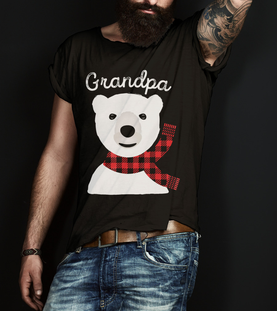 Grandpa Christmas Bear With Red Plaid Scarf Family Matching T-Shirt