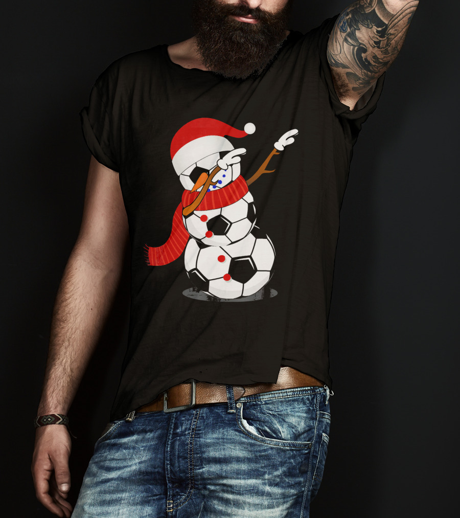 Festive Soccer Ball Dabbing Snowman With Santa Hat And Scarf T-Shirt
