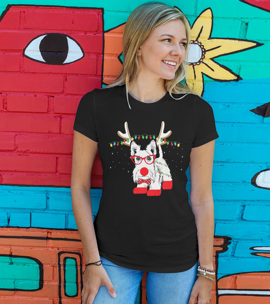 Scottie Dog Christmas Reindeer Lights And Bow Tie T-Shirt