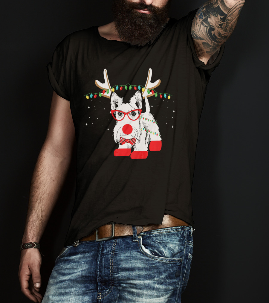 Scottie Dog Christmas Reindeer Lights And Bow Tie T-Shirt