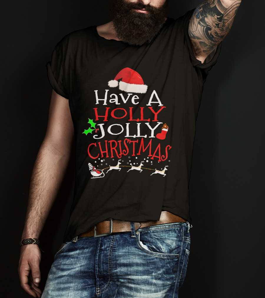 Have A Holly Jolly Christmas Santa Hat Reindeer Sleigh T-Shirt