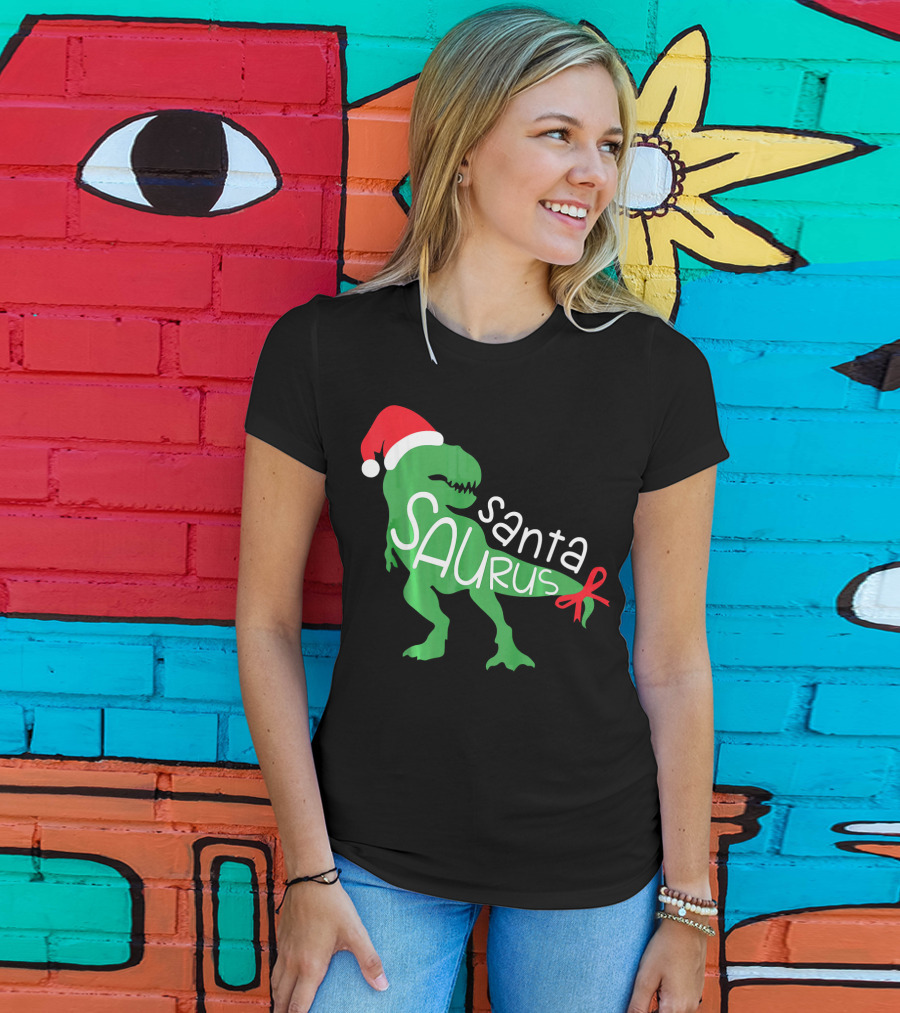 T Rex Dinosaur Santa Saurus Merry Funny Christmas Hat T-Shirt
