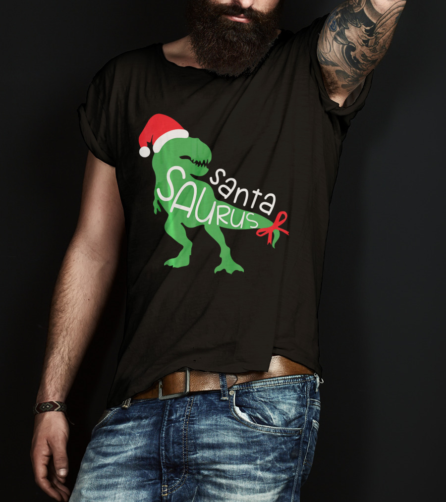 T Rex Dinosaur Santa Saurus Merry Funny Christmas Hat T-Shirt