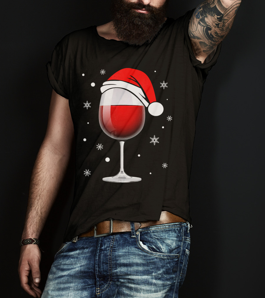 Santa Hat Wine Glass Funny Christmas Holid Snowflakes T-Shirt