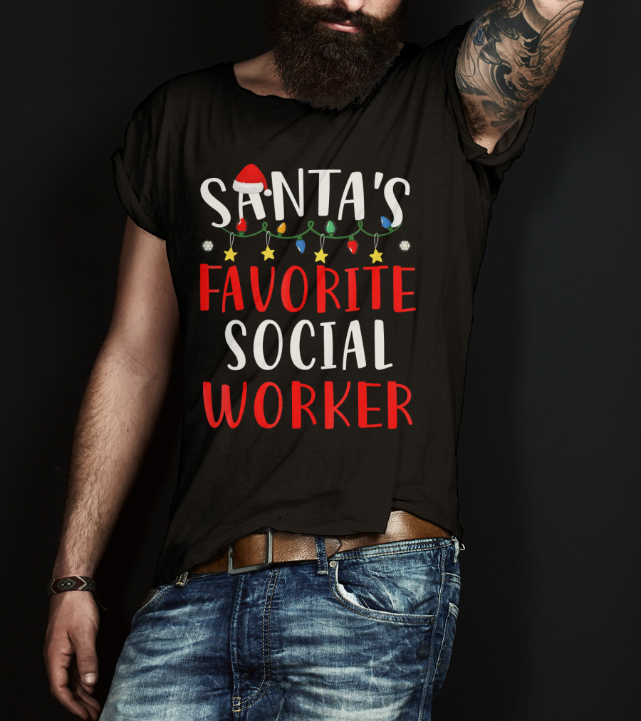 Santa's Favorite Social Worker Christmas Lights Festive Snowflakes Stars T-Shirt