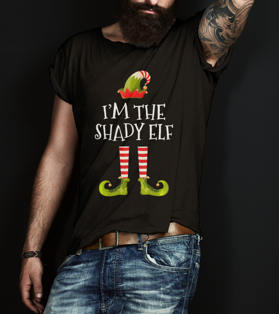 I'm The Shady Elf Christmas Costume Striped Socks Festive Hat Green Shoes T-Shirt