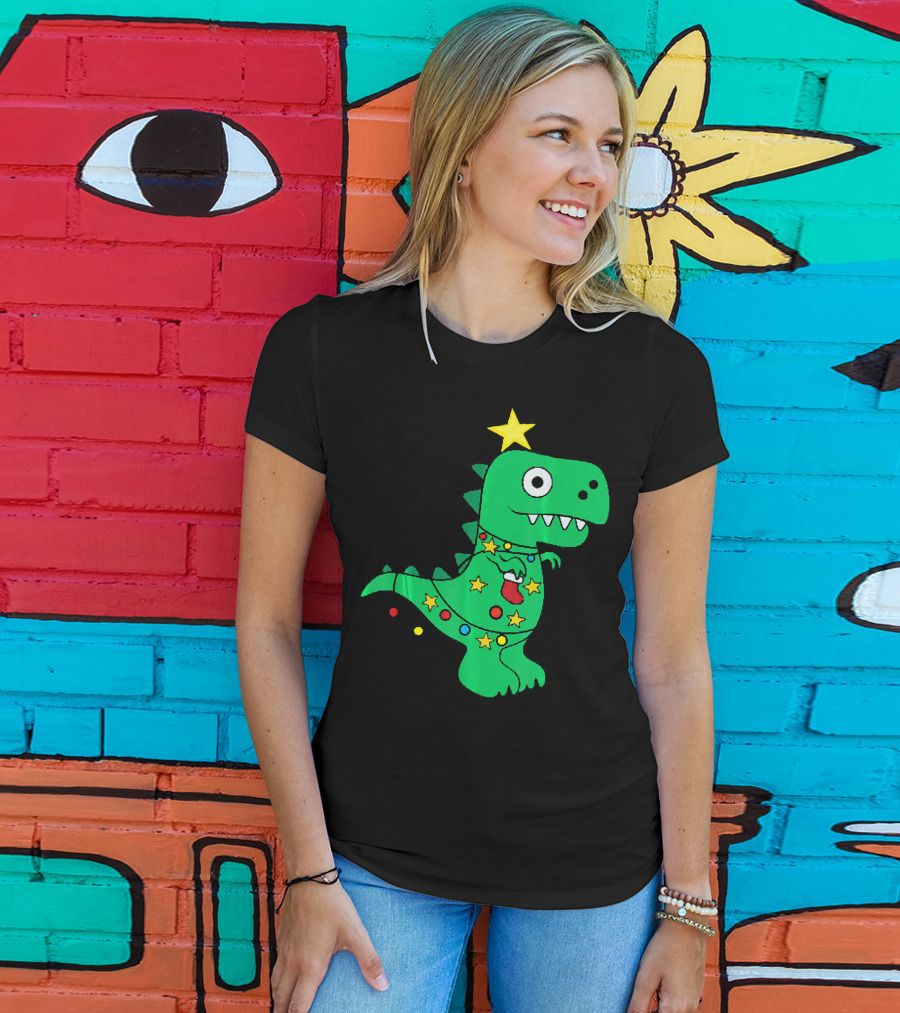 Christmas Dinosaur Rex With Star And Lights T-Shirt