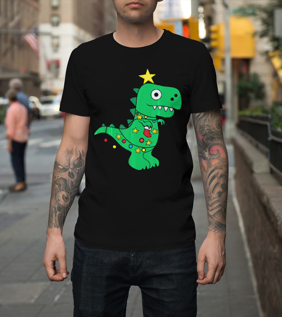 Christmas Dinosaur Rex With Star And Lights T-Shirt