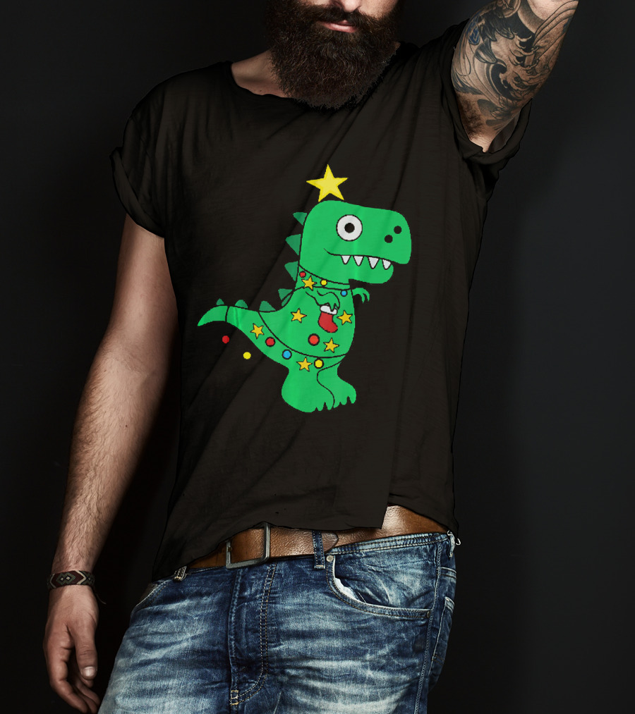 Christmas Dinosaur Rex With Star And Lights T-Shirt
